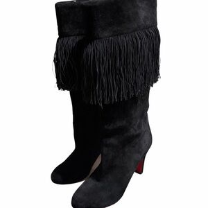 Christian Louboutin Black Suede Fringe Heeled Boots Red Sole EU 37.5 (US 7-7.5)